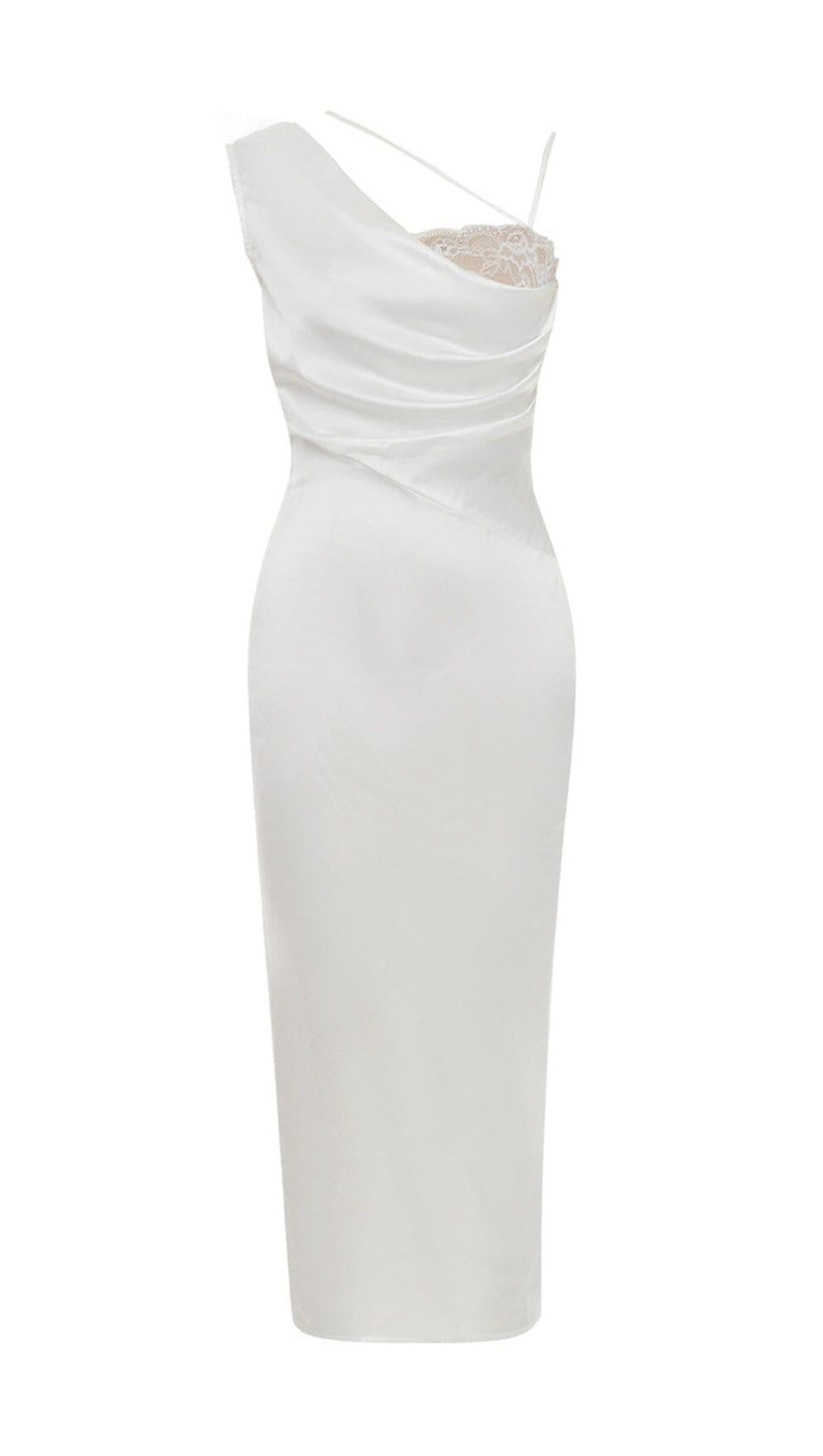 SATIN-MIDIKLEID MIT EINER SCHULTER IN WEISS