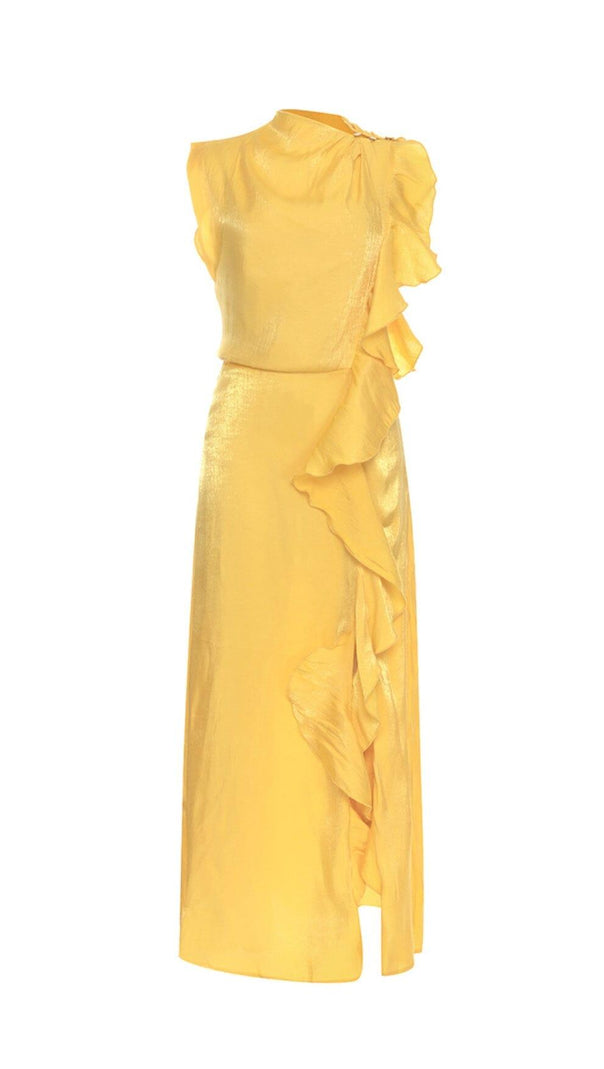 AIIZIE YELLOW MOCK NECK RUFFLE TRIM DRAPED DETAIL SATIN DRESS - product image