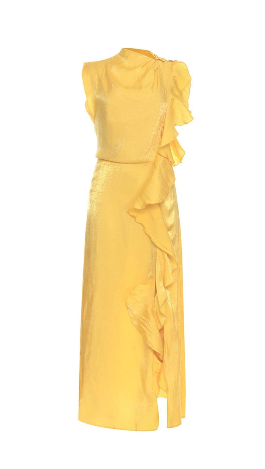 YELLOW MOCK NECK RUFFLE TRIM DRAPED DETAIL SATIN DRESS