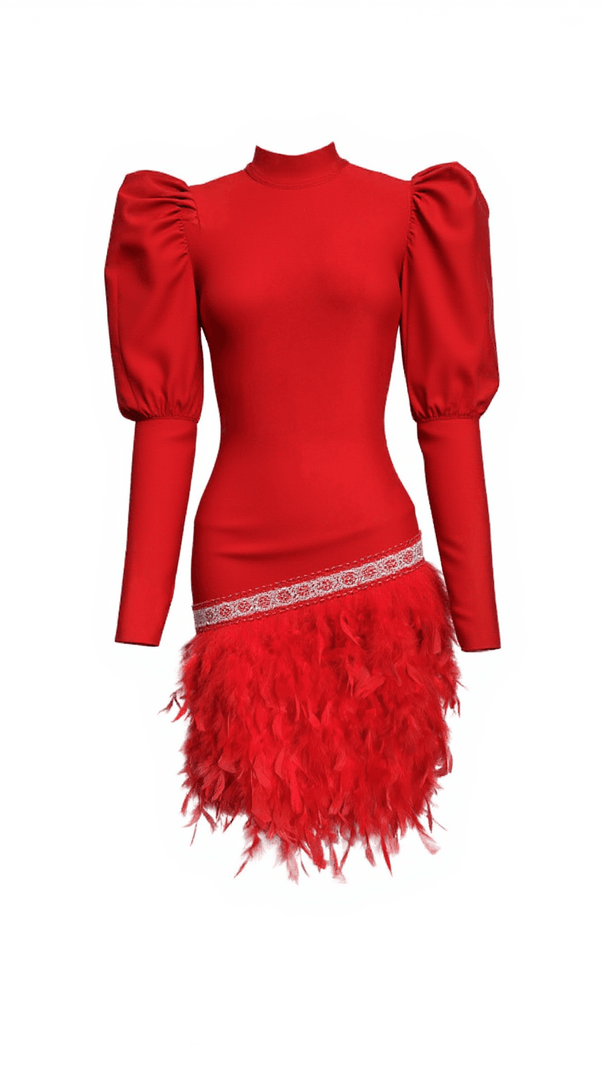 AIIZIE ZORANA PUFF SLEEVE CRYSTAL FEATHER BANDAGE DRESS - product image
