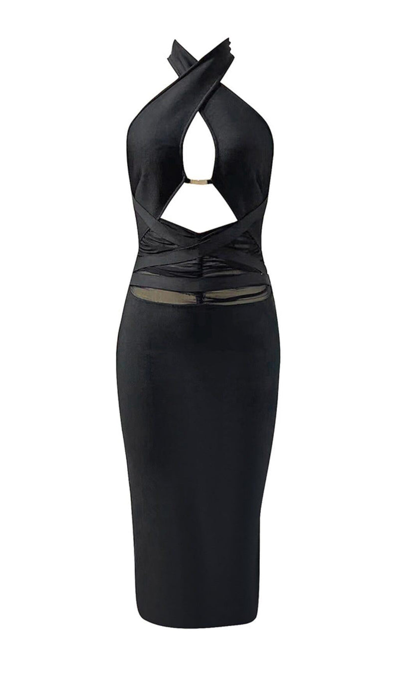 HALTER CUTOUT MIDI DRESS IN BLACK