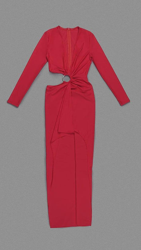 RED V-NECK LONG-SLEEVE SPLIT DRESS