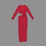 RED V-NECK LONG-SLEEVE SPLIT DRESS