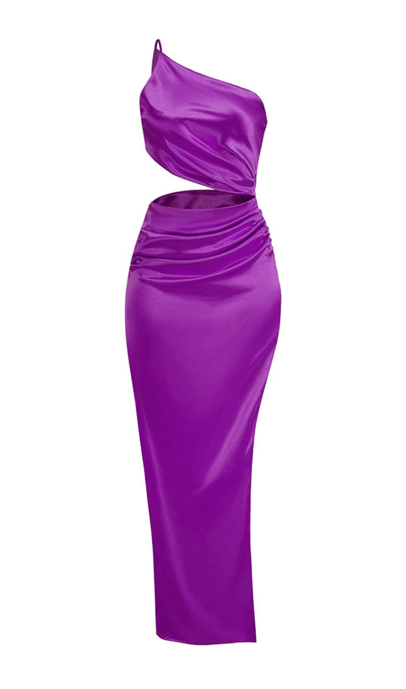 ONE-SHOULDER SILK SATIN MIDI DRESS IN PURPLE