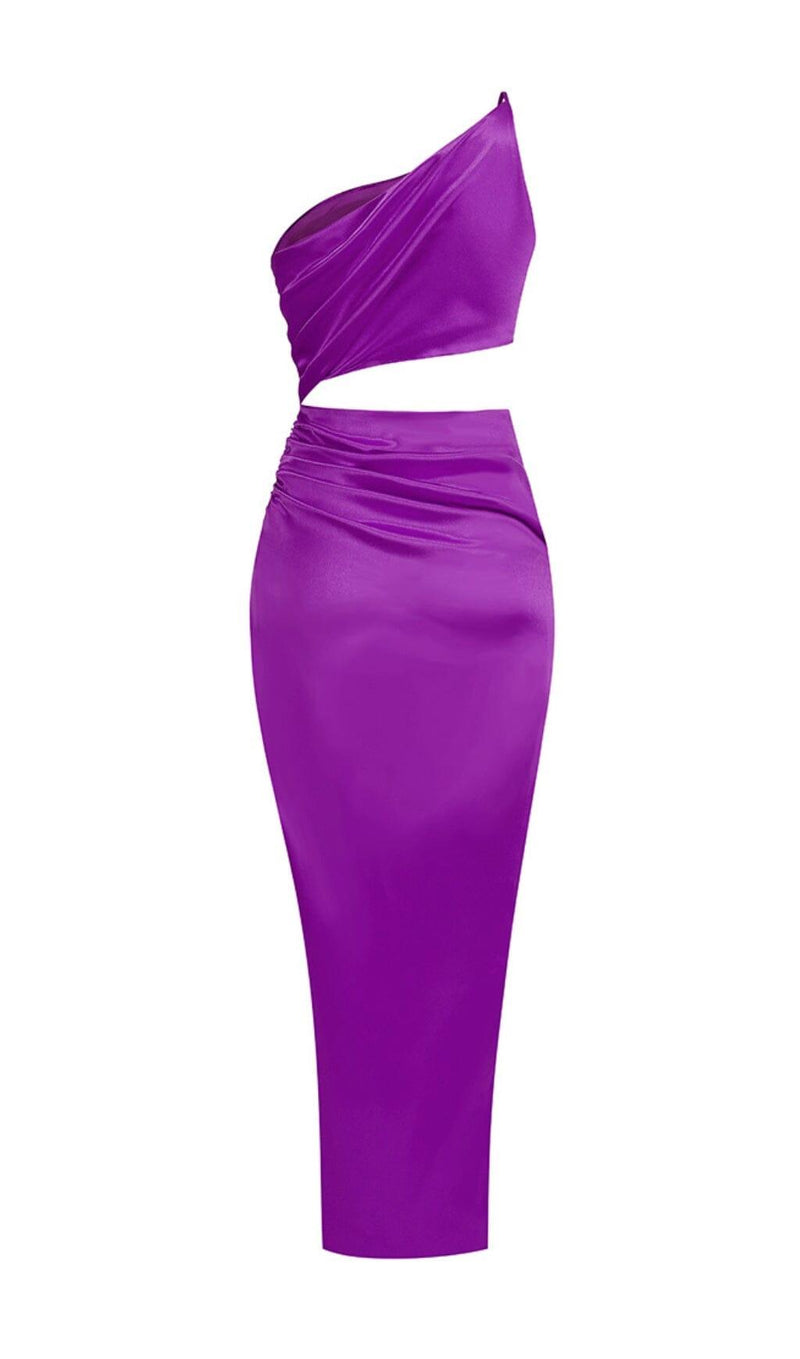 ONE-SHOULDER SILK SATIN MIDI DRESS IN PURPLE