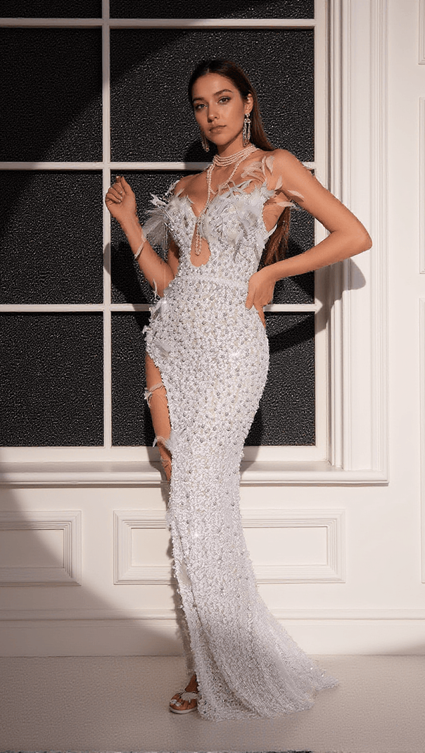 AIIZIE SEM PEARL EMBELLISHED ASYMMETRIC SEQUIN DRESS - product image