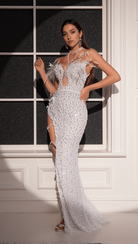 SEM PEARL EMBELLISHED ASYMMETRIC SEQUIN DRESS