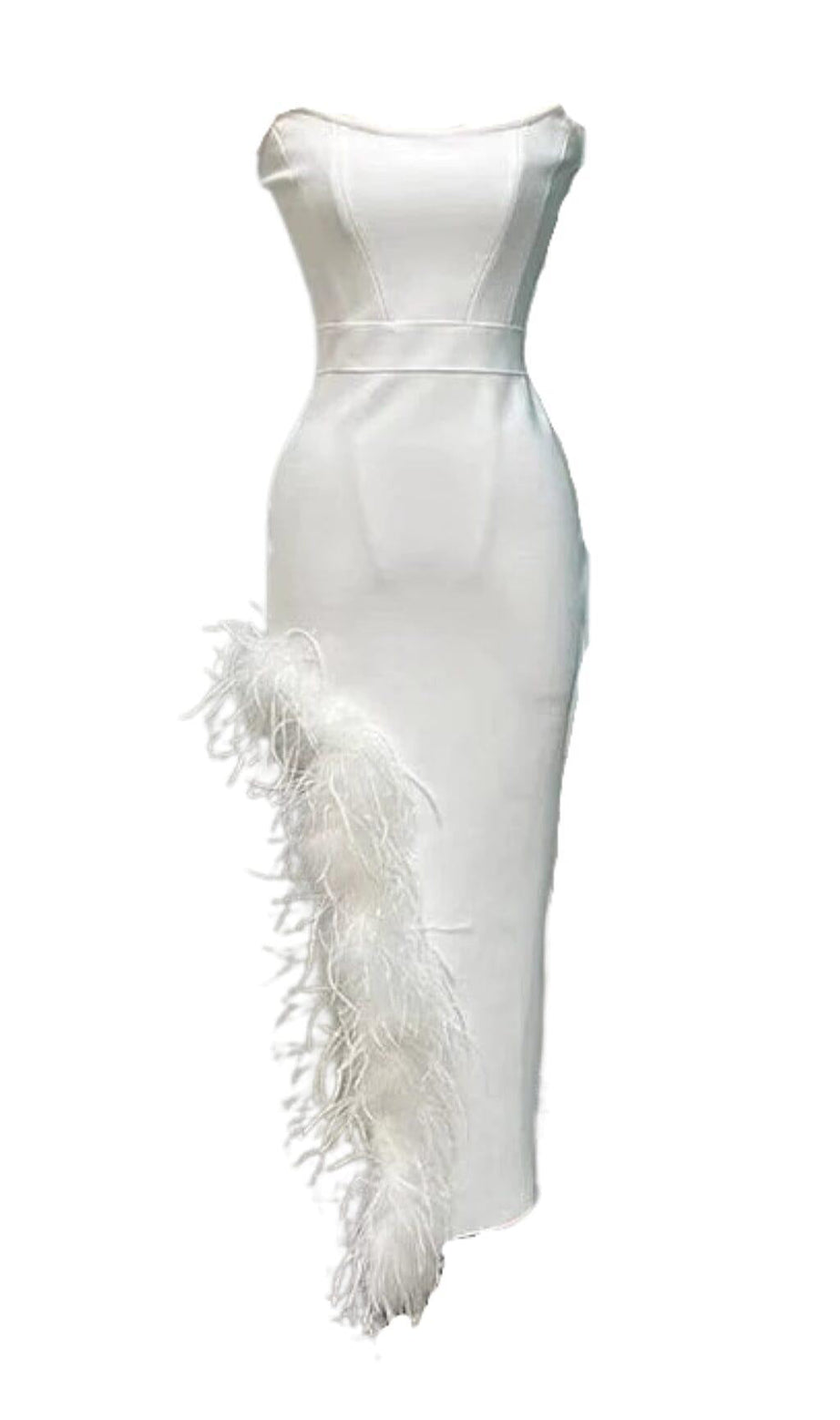 ABITO MIDI SENZA SPALLINE CON PIUME IN BIANCO