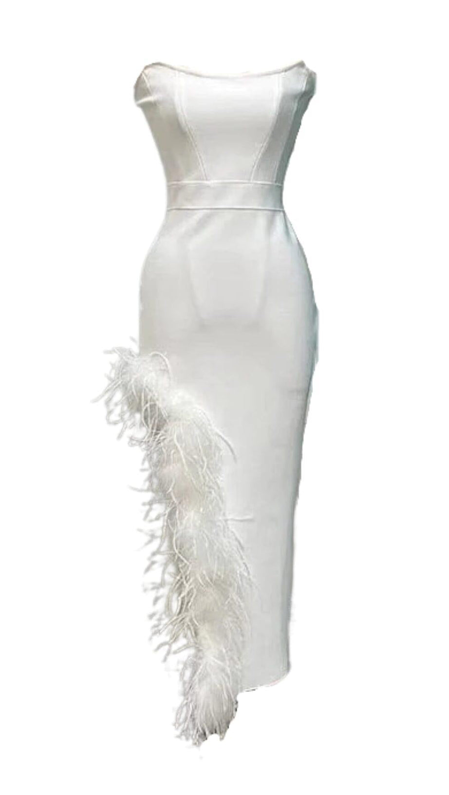 ABITO MIDI SENZA SPALLINE CON PIUME IN BIANCO