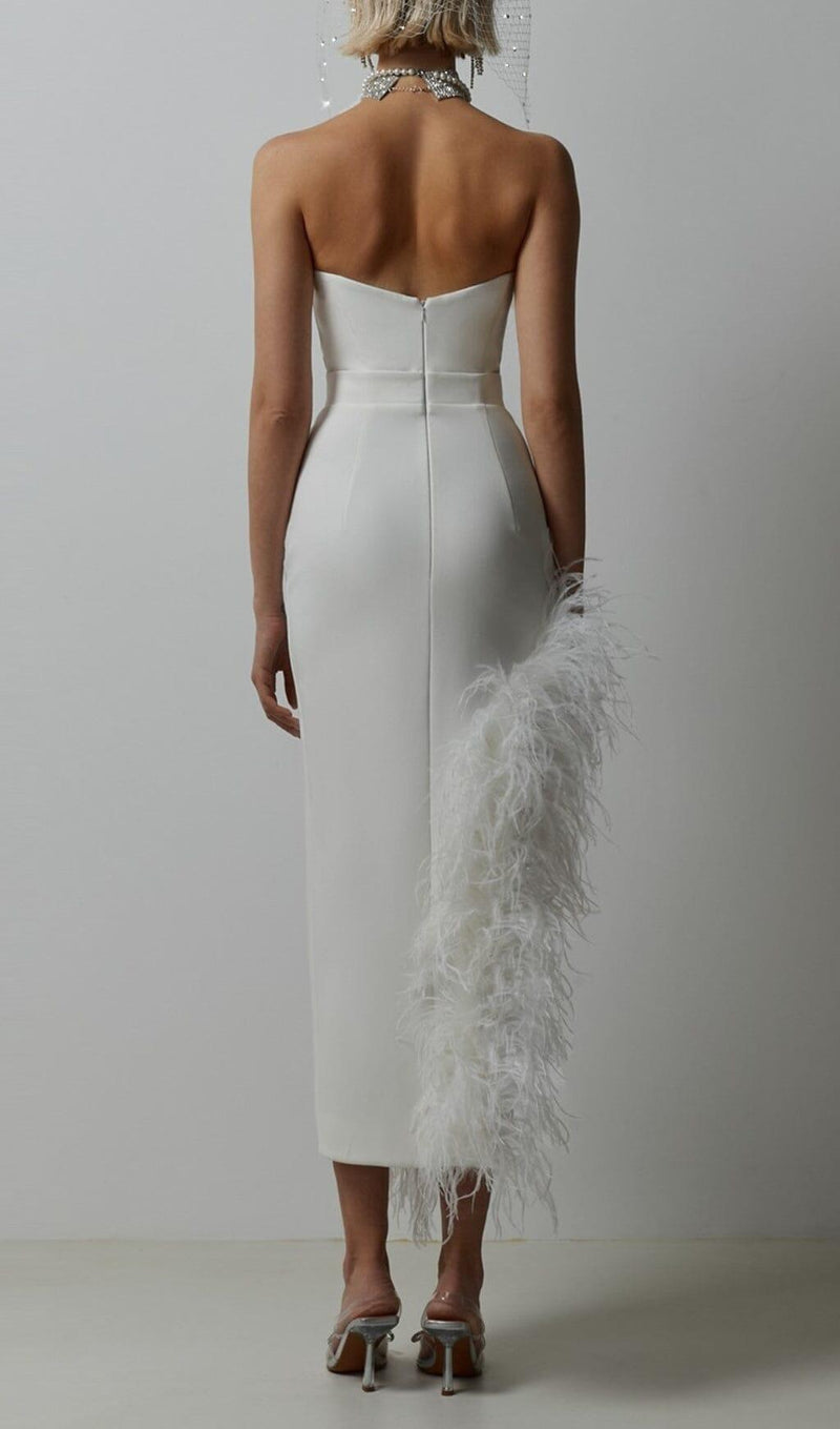 STRAPLESS FEATHER MIDI DRESS IN WHITE