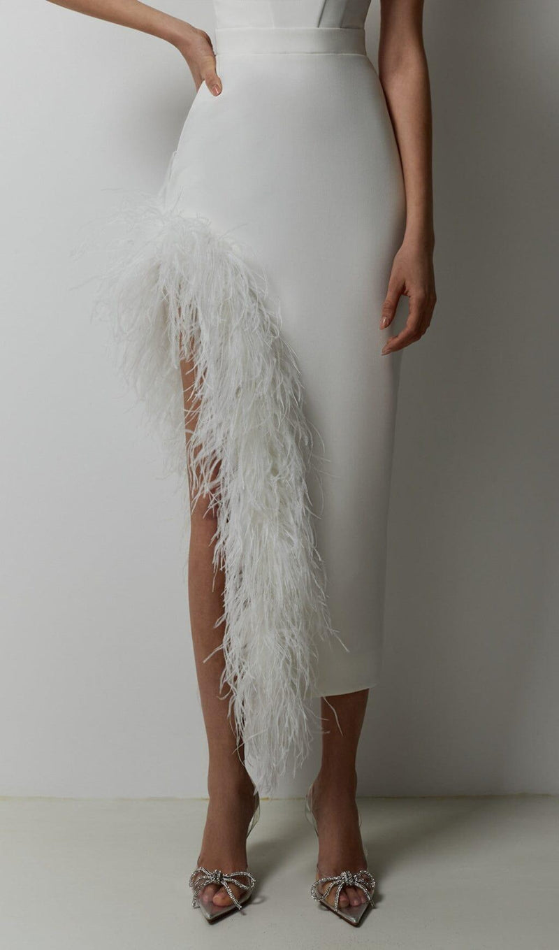 STRAPLESS FEATHER MIDI DRESS IN WHITE