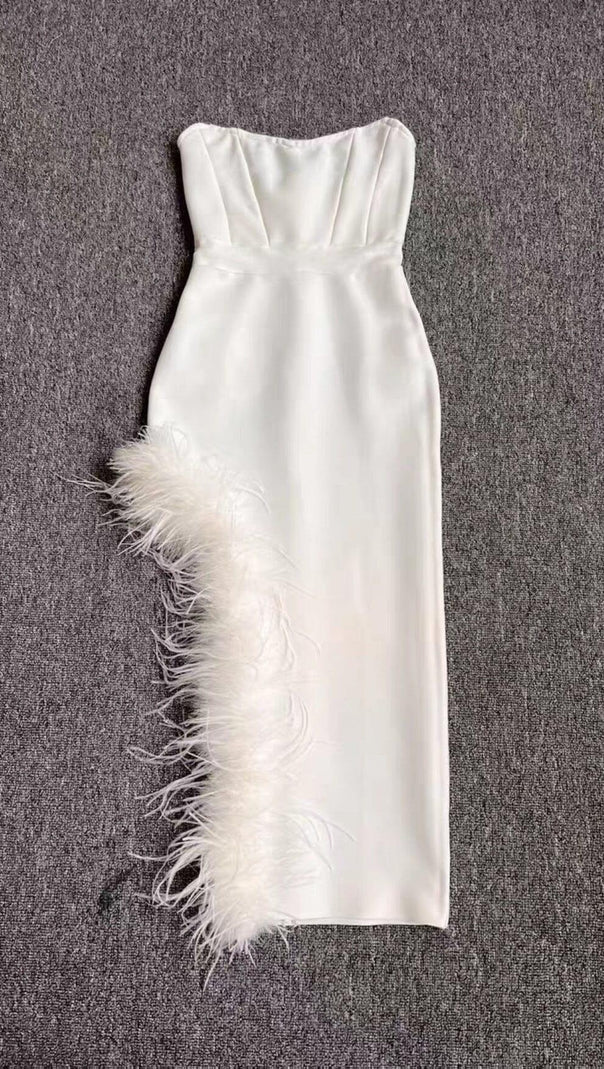 AIIZIE STRAPLESS FEATHER MIDI DRESS IN WHITE - product image