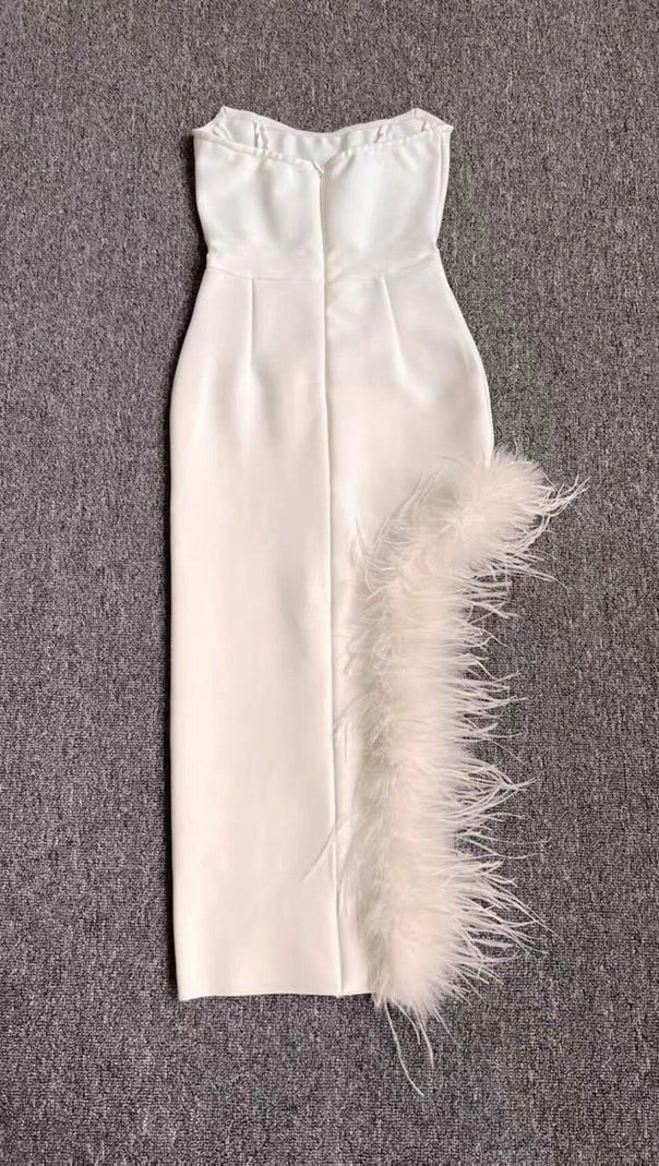 AIIZIE STRAPLESS FEATHER MIDI DRESS IN WHITE - product image