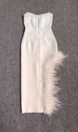 STRAPLESS FEATHER MIDI DRESS IN WHITE