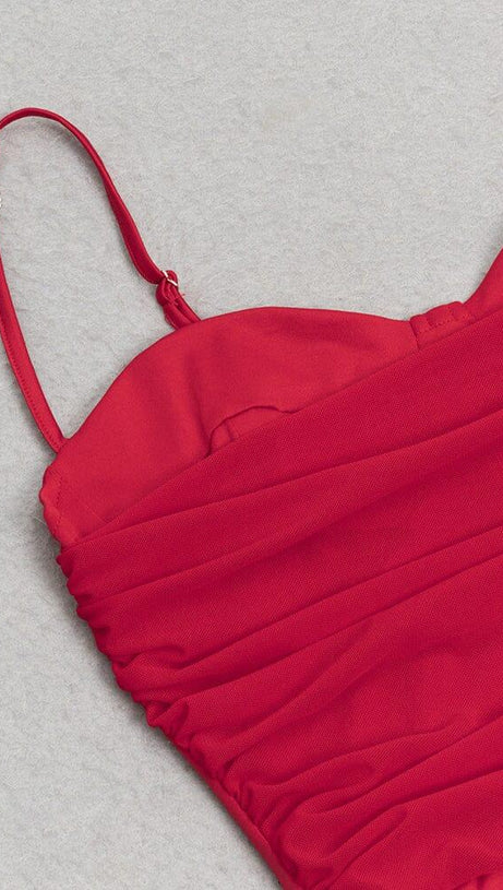 RED TUBE TOP ONE SHOULDER RIBBON DRESS