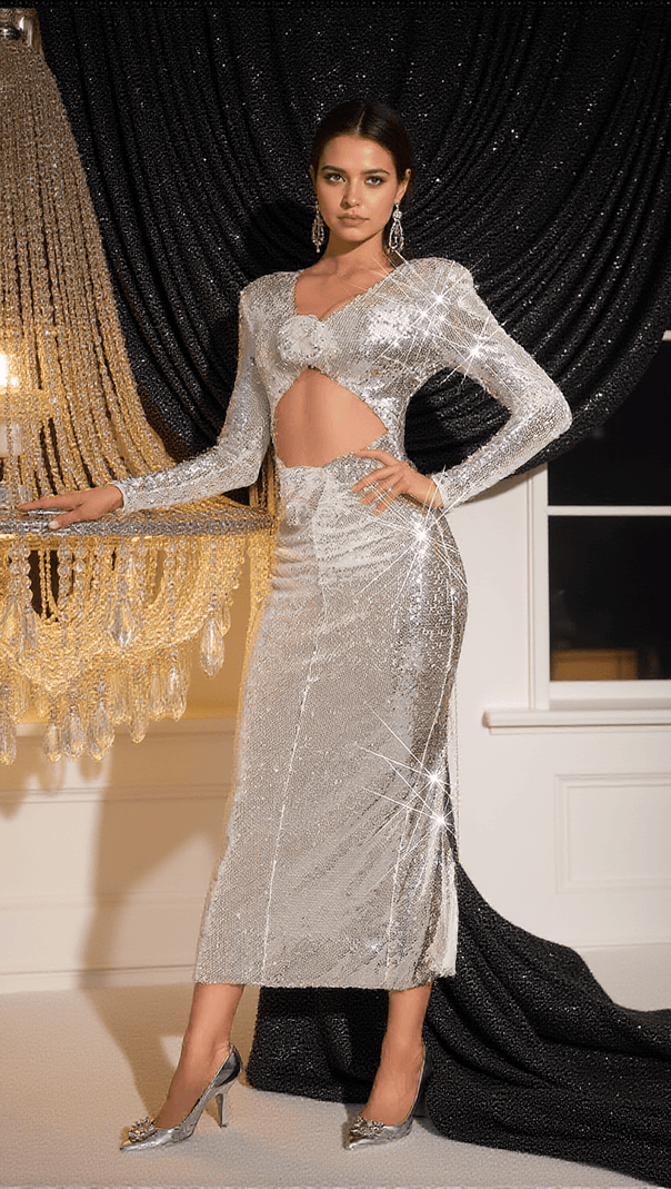 AIIZIE ISAK LONG SLEEVE FLOWER CUTOUT SEQUIN DRESS - product image