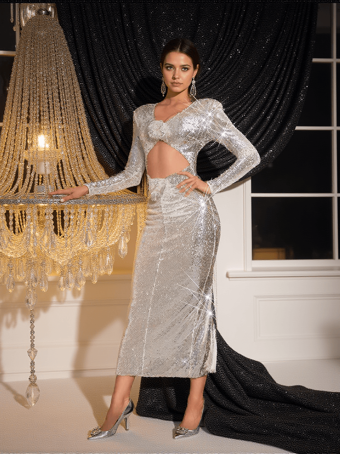 ABITO ISAK A MANICHE LUNGHE CON FIORI E PAILLETTES