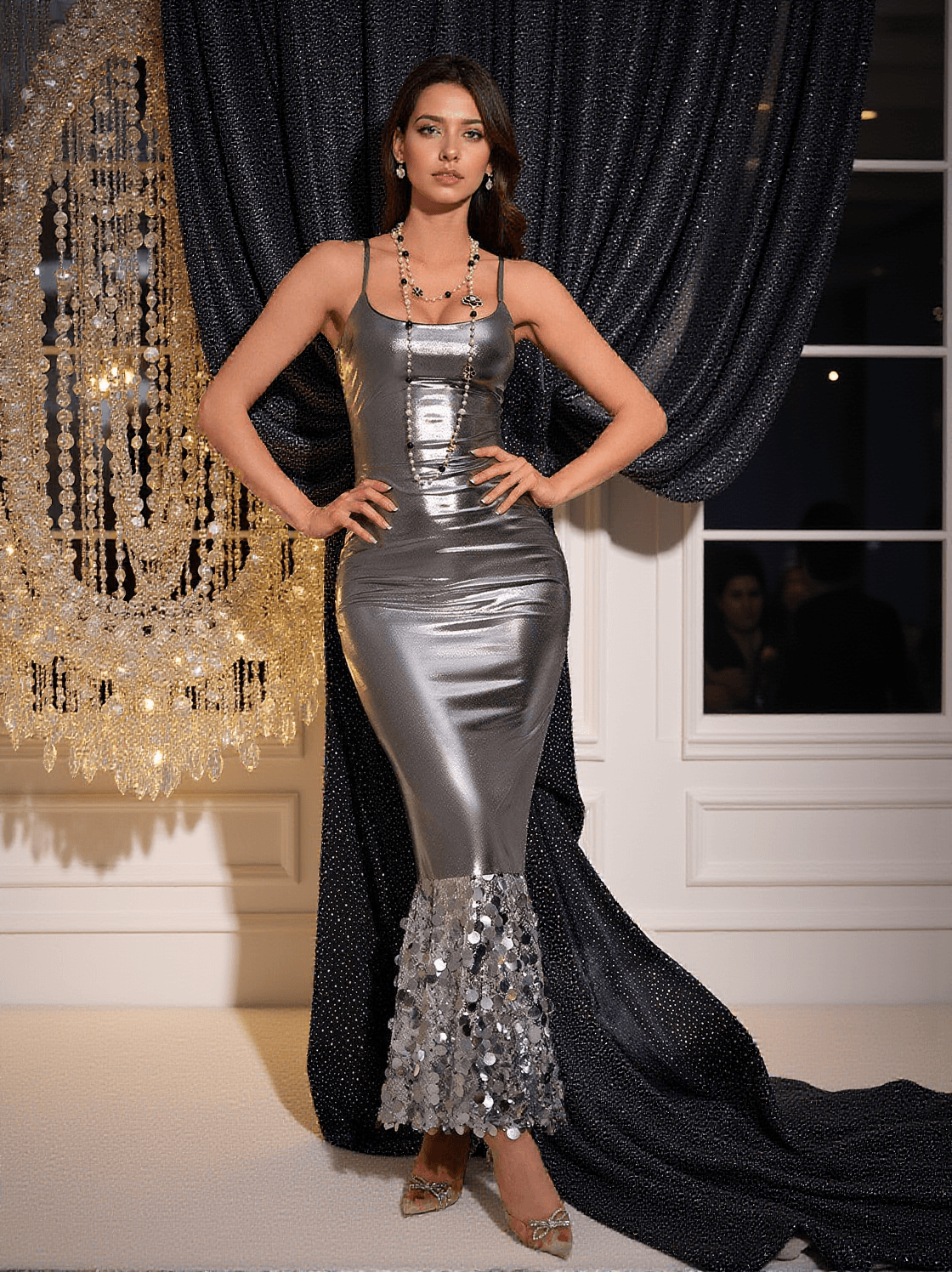 ABITO METALLIZZATO A SIRENA CON PATCHWORK DI PAILLETTES SAMUEL