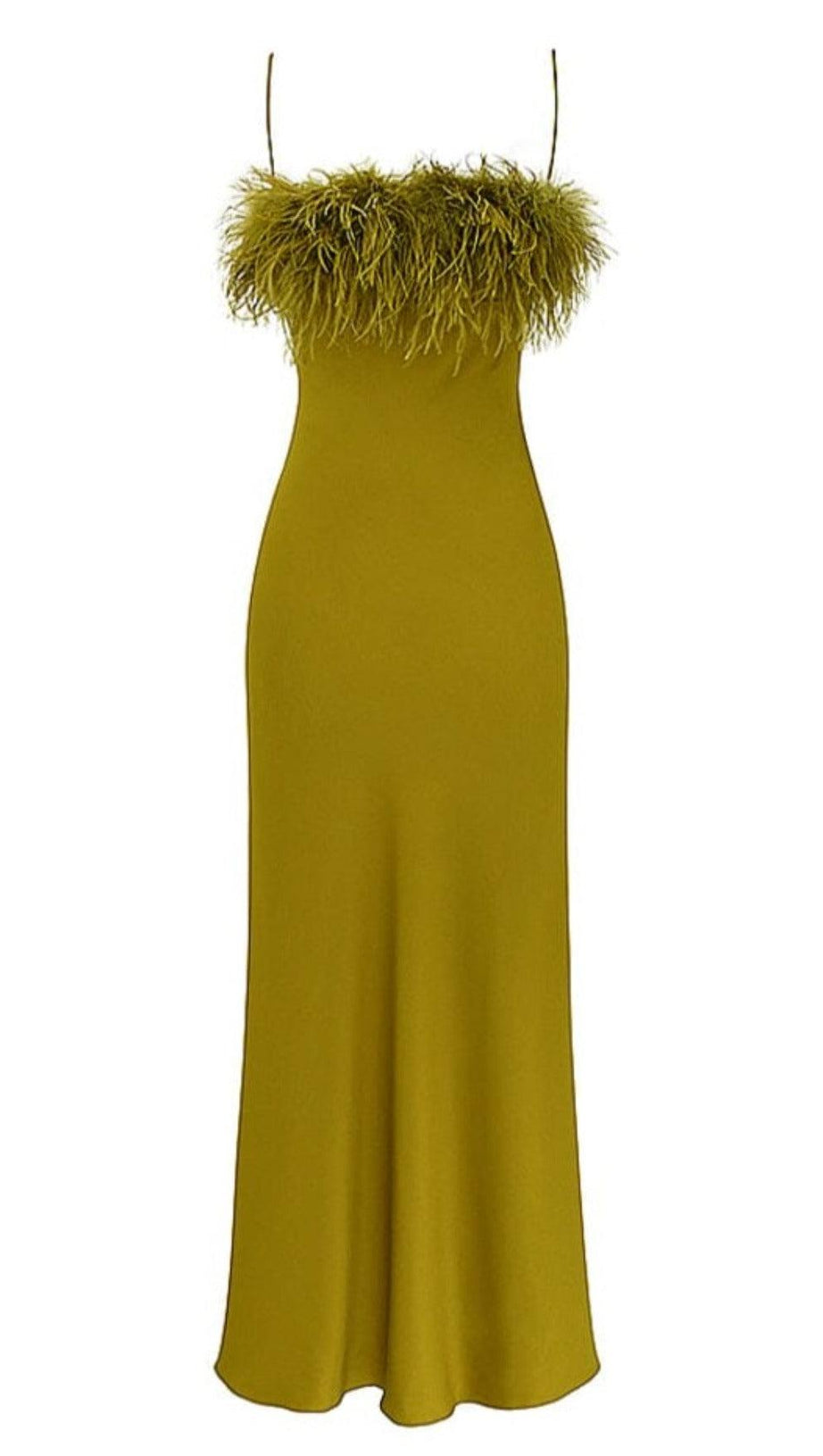 CHARTREUSE STRAPPY FEATHER-TRIM MAXI DRESS