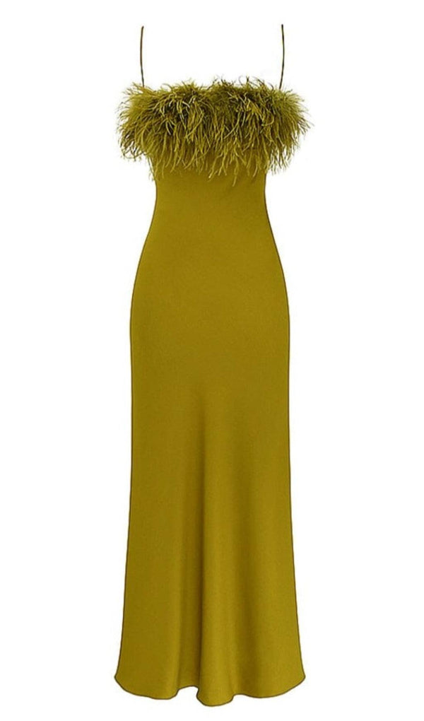 CHARTREUSE STRAPPY FEATHER-TRIM MAXI DRESS