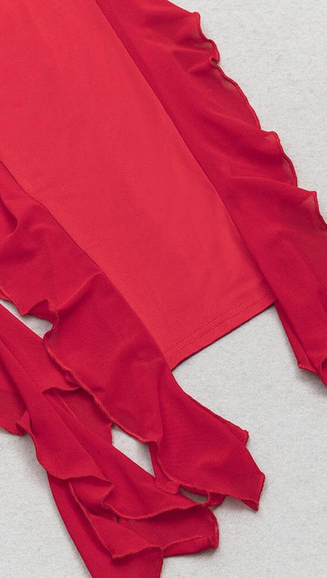 RED TUBE TOP ONE SHOULDER RIBBON DRESS