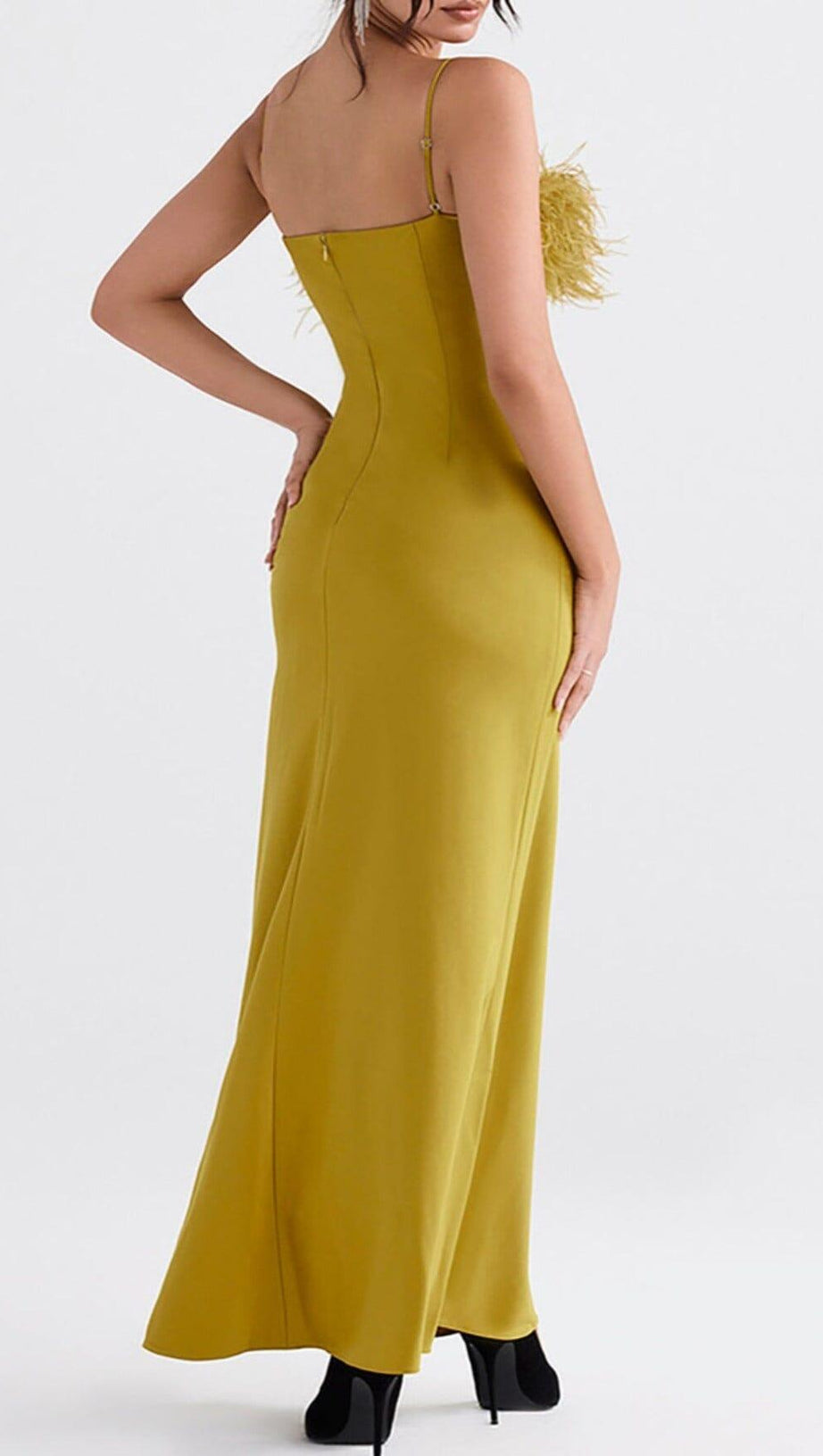 CHARTREUSE STRAPPY FEATHER-TRIM MAXI DRESS