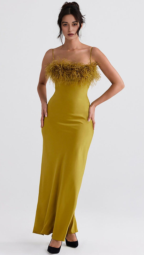 AIIZIE CHARTREUSE STRAPPY FEATHER-TRIM MAXI DRESS - product image