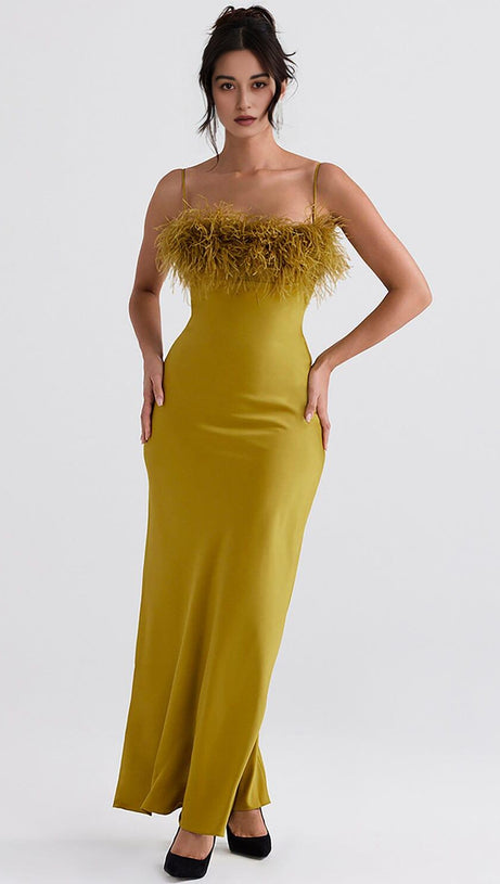 CHARTREUSE STRAPPY FEATHER-TRIM MAXI DRESS