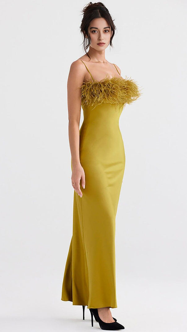 AIIZIE CHARTREUSE STRAPPY FEATHER-TRIM MAXI DRESS - product image
