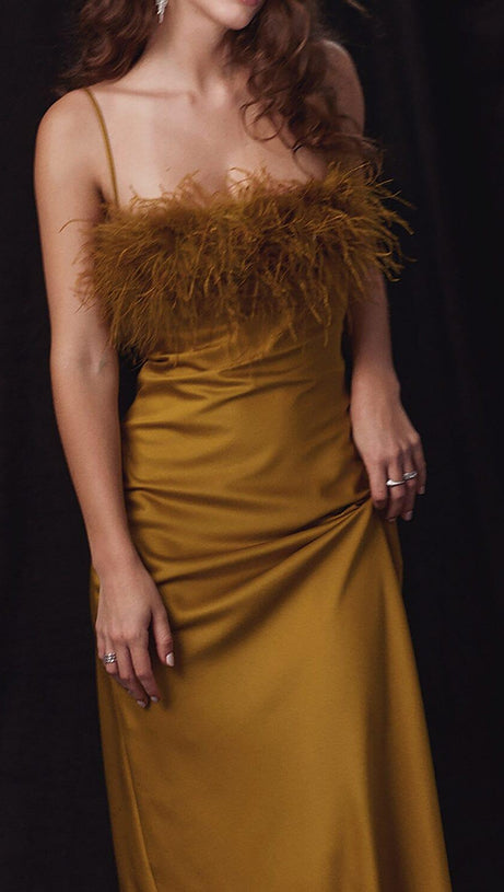 CHARTREUSE STRAPPY FEATHER-TRIM MAXI DRESS