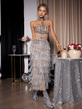 Zelie Halterneck Rhinestone Fringe Midi Dress