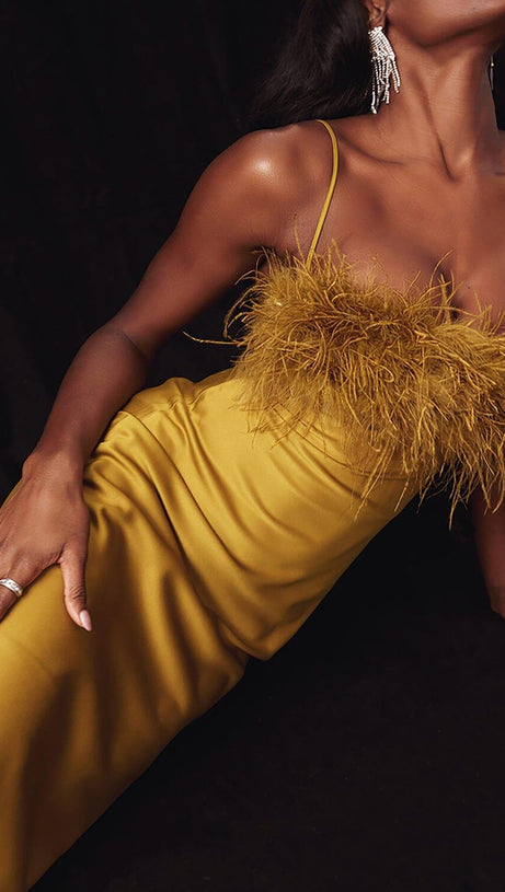 CHARTREUSE STRAPPY FEATHER-TRIM MAXI DRESS