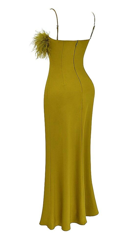 CHARTREUSE STRAPPY FEATHER-TRIM MAXI DRESS