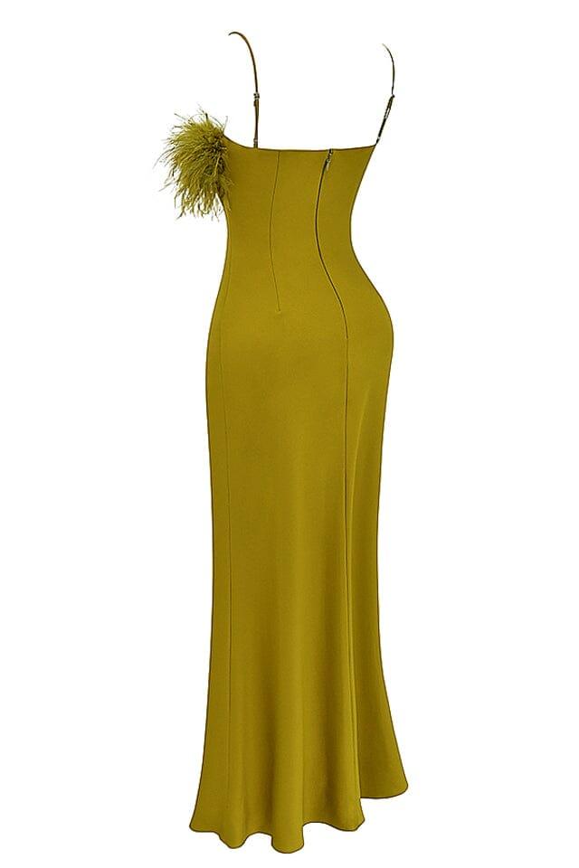 Chartreuse Strappy Feather-Trim Maxi Dress