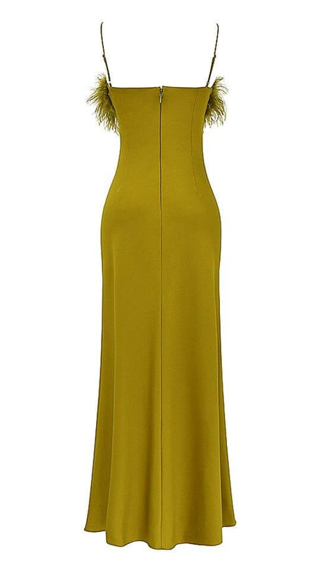 CHARTREUSE STRAPPY FEATHER-TRIM MAXI DRESS