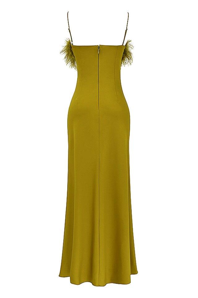 Chartreuse Strappy Feather-Trim Maxi Dress