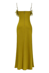 CHARTREUSE STRAPPY FEATHER-TRIM MAXI DRESS