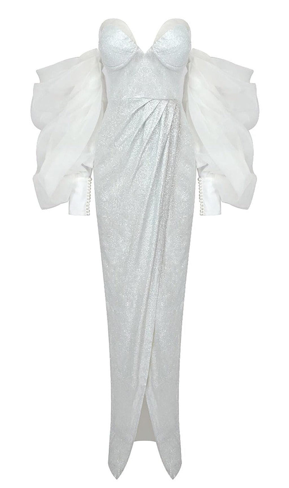 TRÄGERLOSES BRAUTKLEID MIT PUFFÄRMELN UND GLANZ