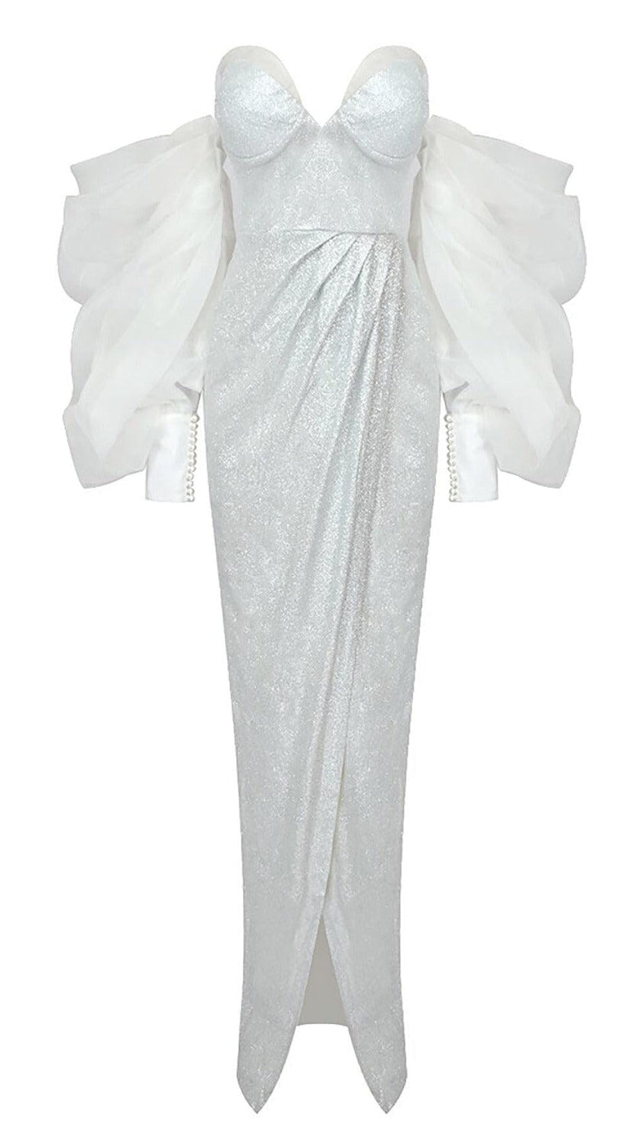 TRÄGERLOSES BRAUTKLEID MIT PUFFÄRMELN UND GLANZ