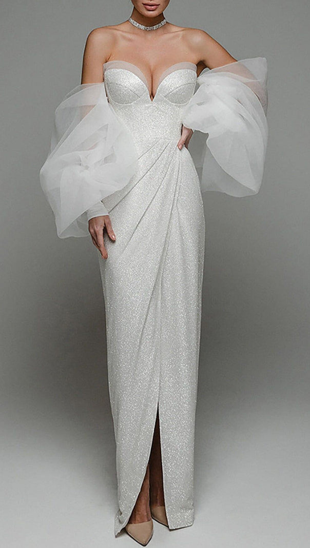 AIIZIE STRAPLESS PUFF SLEEVES SHINY GLITTER WEDDING DRESS - product image