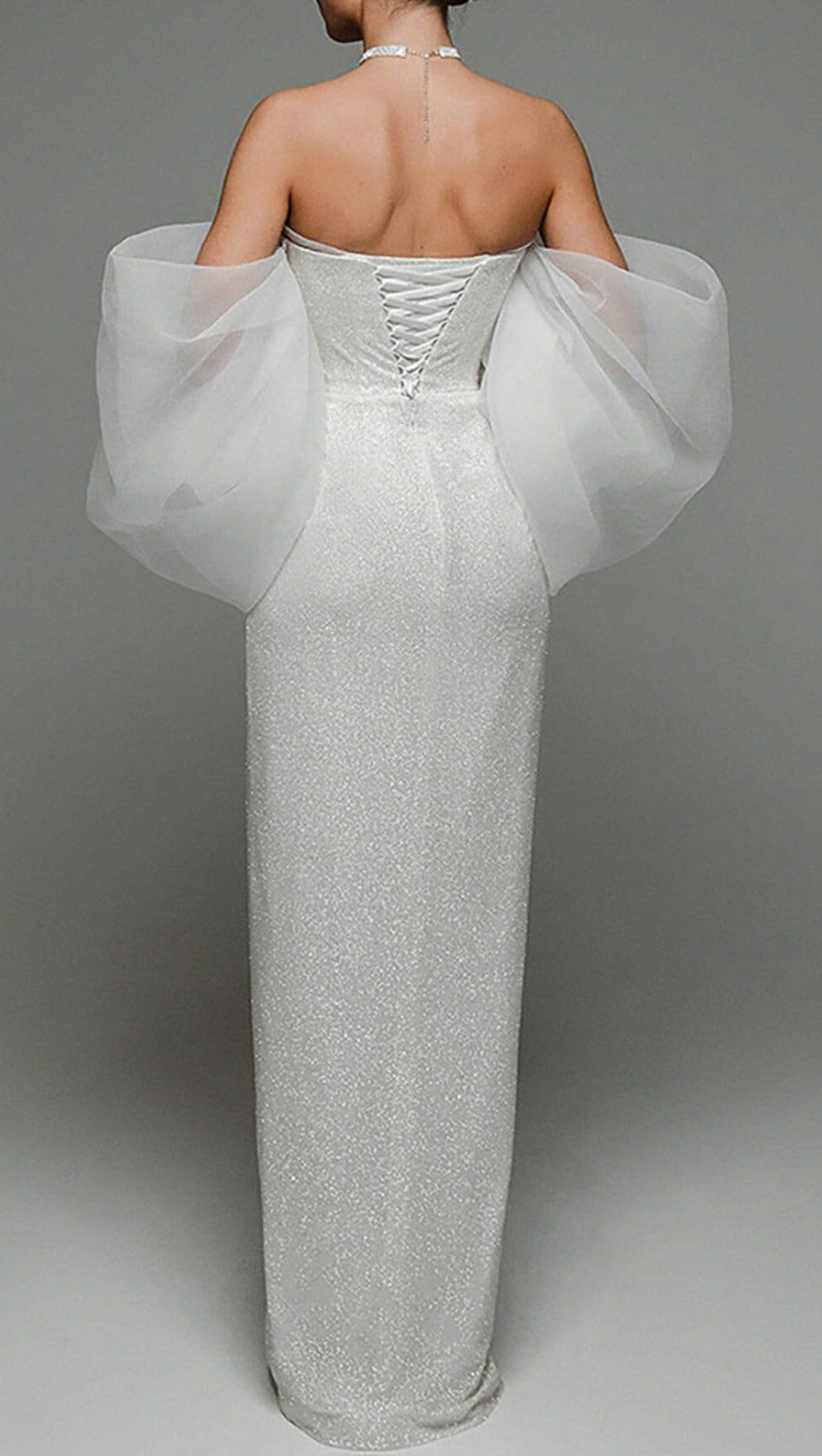 STRAPLESS PUFF SLEEVES SHINY GLITTER WEDDING DRESS