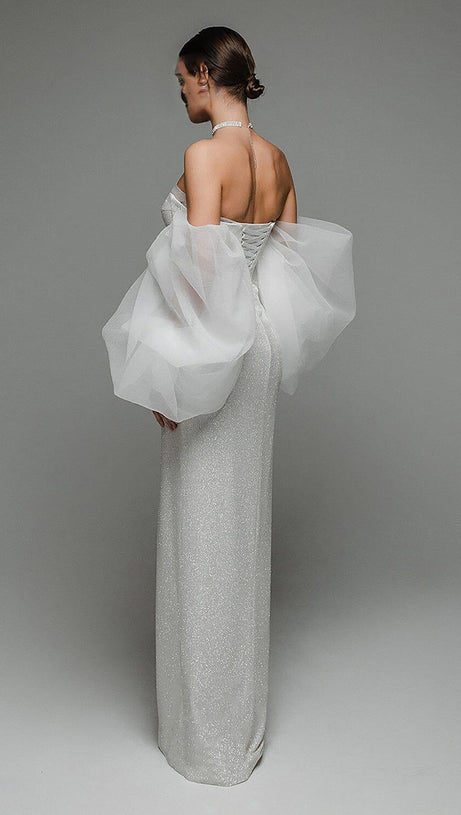 STRAPLESS PUFF SLEEVES SHINY GLITTER WEDDING DRESS