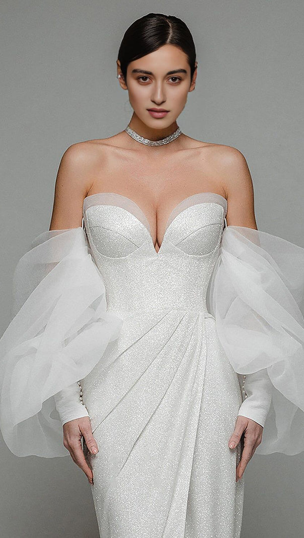 AIIZIE STRAPLESS PUFF SLEEVES SHINY GLITTER WEDDING DRESS - product image