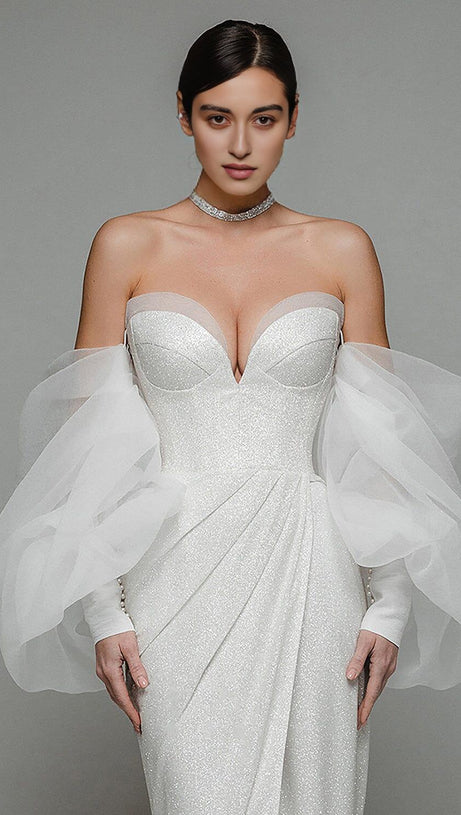 STRAPLESS PUFF SLEEVES SHINY GLITTER WEDDING DRESS