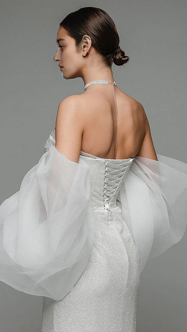 AIIZIE STRAPLESS PUFF SLEEVES SHINY GLITTER WEDDING DRESS - product image