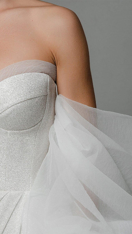 STRAPLESS PUFF SLEEVES SHINY GLITTER WEDDING DRESS