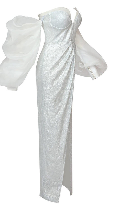 STRAPLESS PUFF SLEEVES SHINY GLITTER WEDDING DRESS