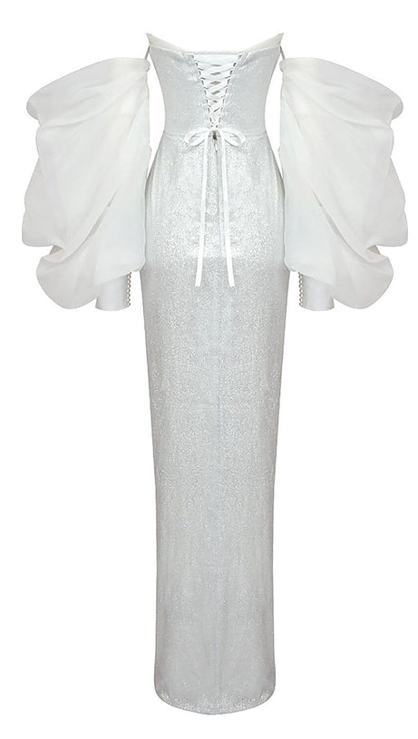 STRAPLESS PUFF SLEEVES SHINY GLITTER WEDDING DRESS