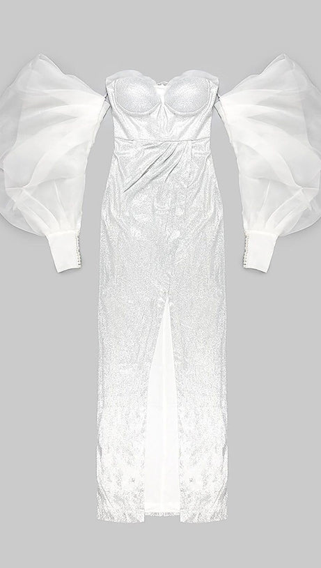 STRAPLESS PUFF SLEEVES SHINY GLITTER WEDDING DRESS