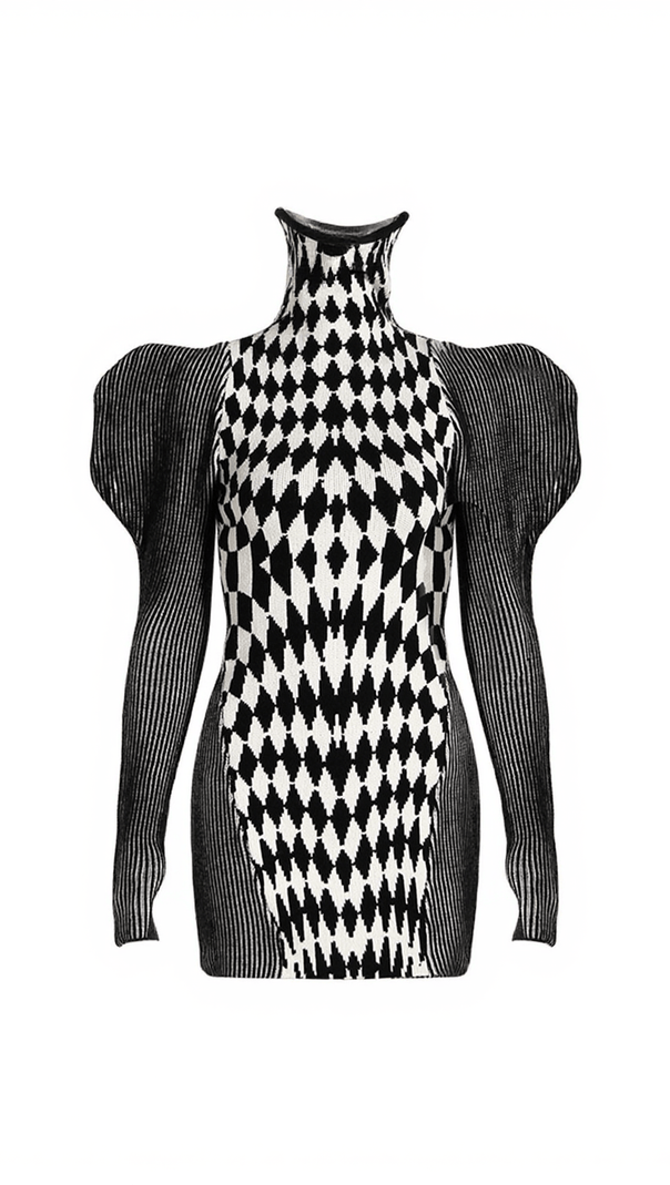 AIIZIE BOUDICCA PUFF SLEEVE GEOMETRIC KNIT DRESS - product image